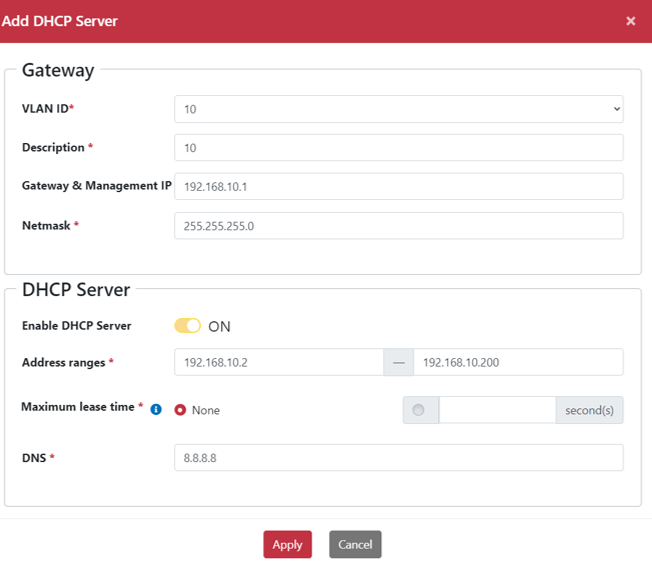 為 VLAN 10 配置 DHCP 伺服器