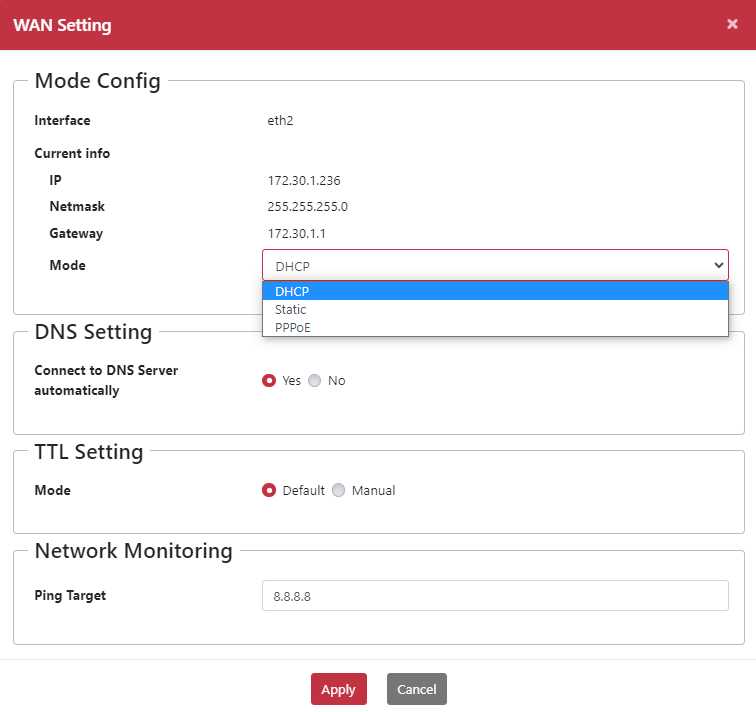 編輯 WAN 設定與 Ping Target