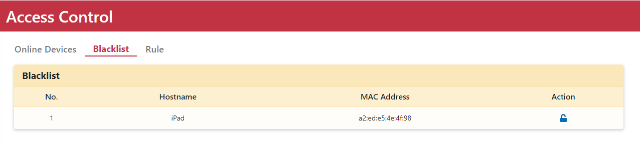 黑名單裝置列表與解鎖操作介面