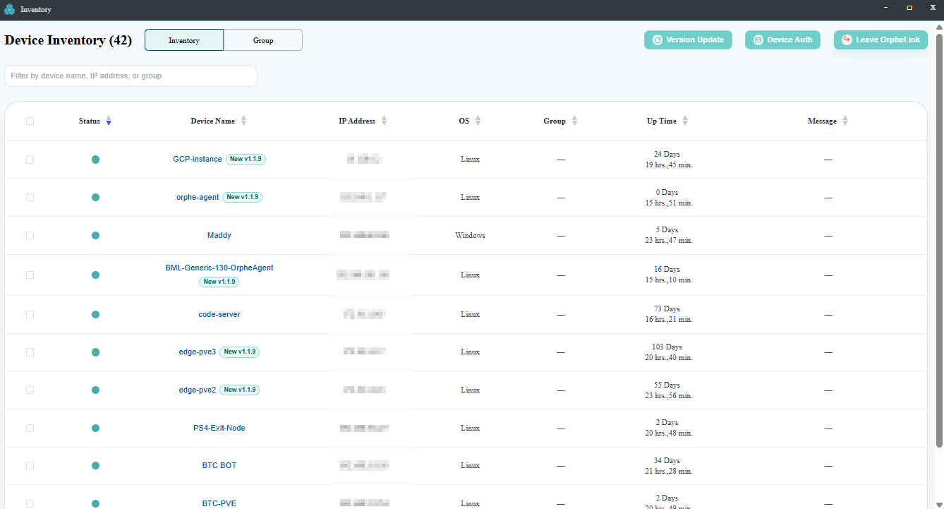 OrpheLink Inventory view showing a list of connected OrpheAgent devices