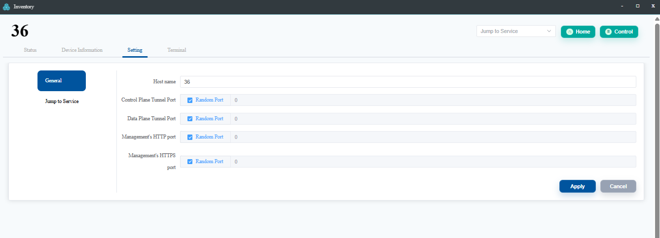 General settings page for configuring device name and network ports