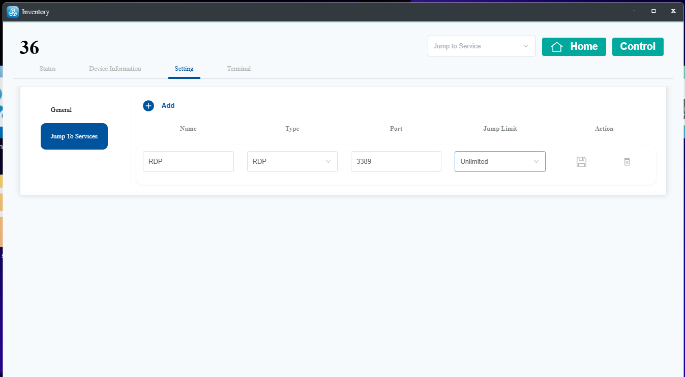 Selecting the RDP protocol in Jump-to-Service settings